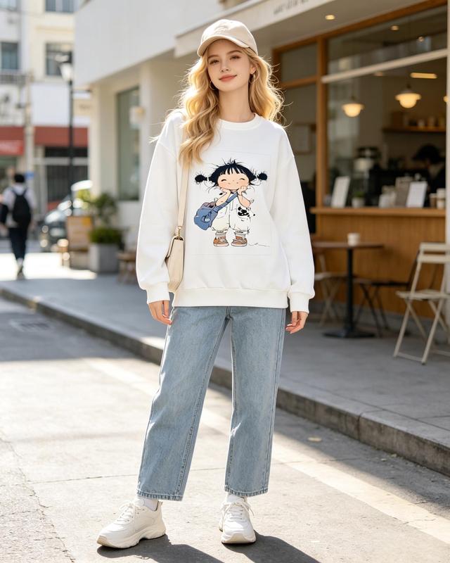 Women's Fitted Cute Cartoon Girl Graphic Crewneck Cowl Neck Sweatshirt - Medium Length Casual Fall Pullover Top with Cowl-Inspired Accents, Pairable with Jeans & Leggings