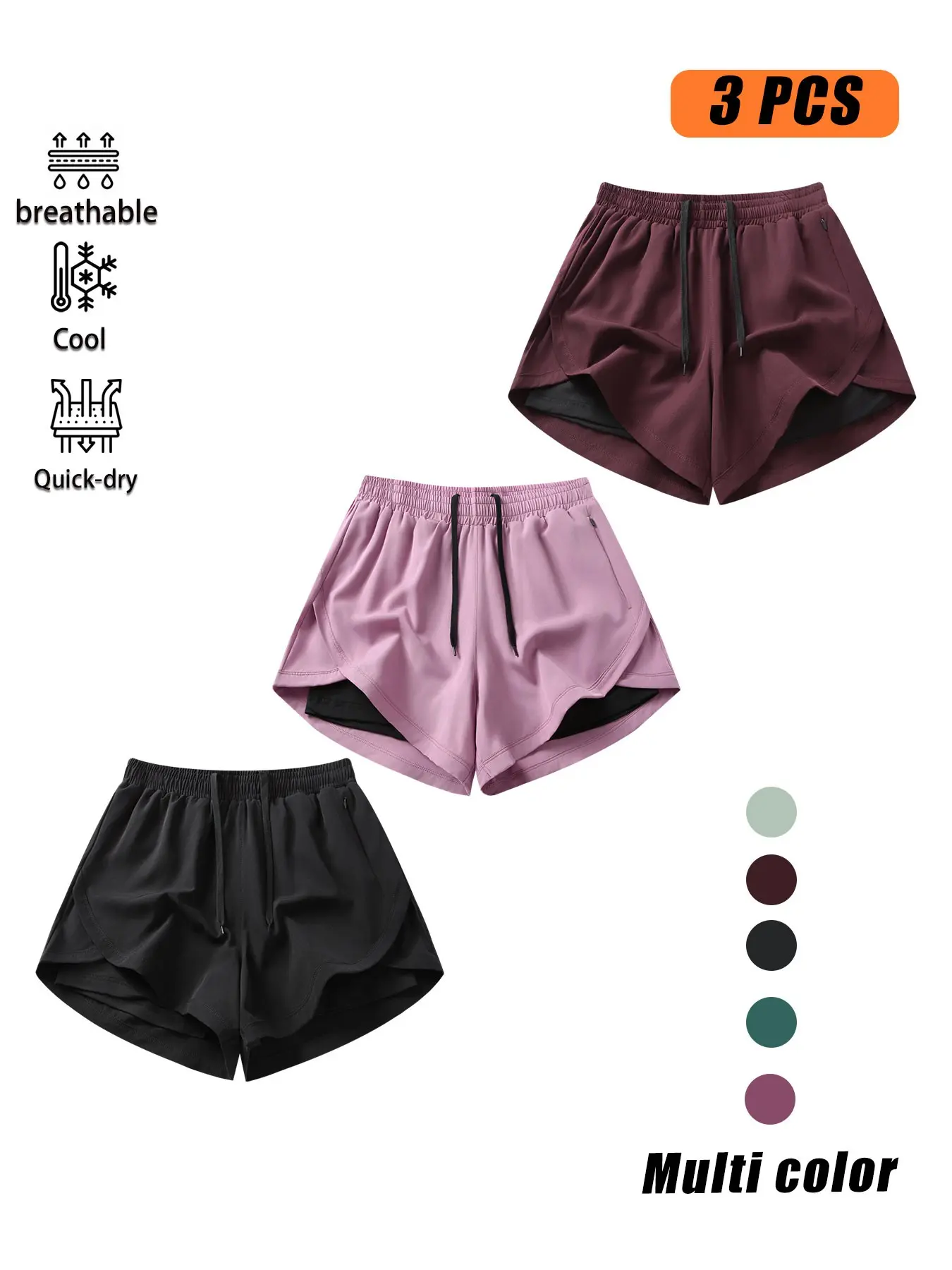 Women's Summer Fashion Outdoor Casual Sport Activewear Athletic Sports Shorts Set, 3-Piece Layered Design, Solid Color Fitted Style, Perfect for Daily Wear, Breathable Gym Shorts