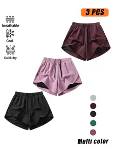 Women's Summer Fashion Outdoor Casual Sport Activewear Athletic Shorts Set, 3-Piece Layered Design, Solid Color Fitted Style, Perfect for Daily Wear, Breathable Gym Shorts
