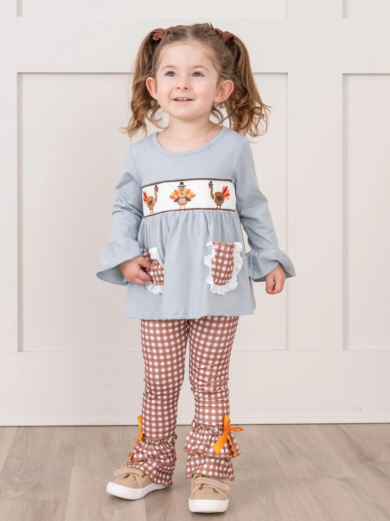 Dusty Blue & Brown Gingham Smocked Turkeys Ruffle Outfit