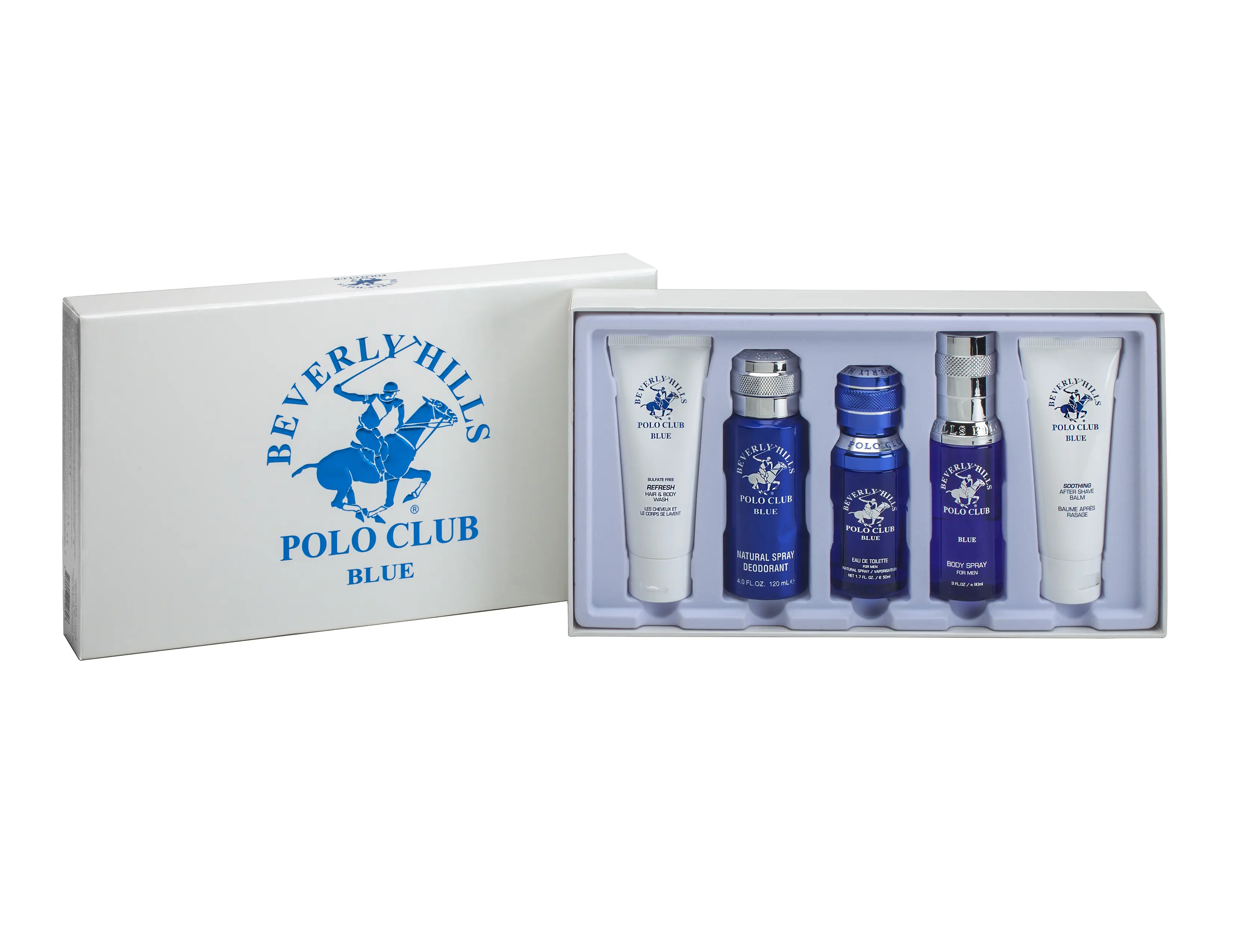 Beverly Hills Polo Club | BHPC Blue 5-Piece Fragrance Gift Set Collection – Hair & Body Wash, Deodorant Spray, After Shave & Body Spray – Refreshing Masculine Fragrance, Long-Lasting All-Day Scent | Ideal for Everyday Use, Grooming, or Special Occasions