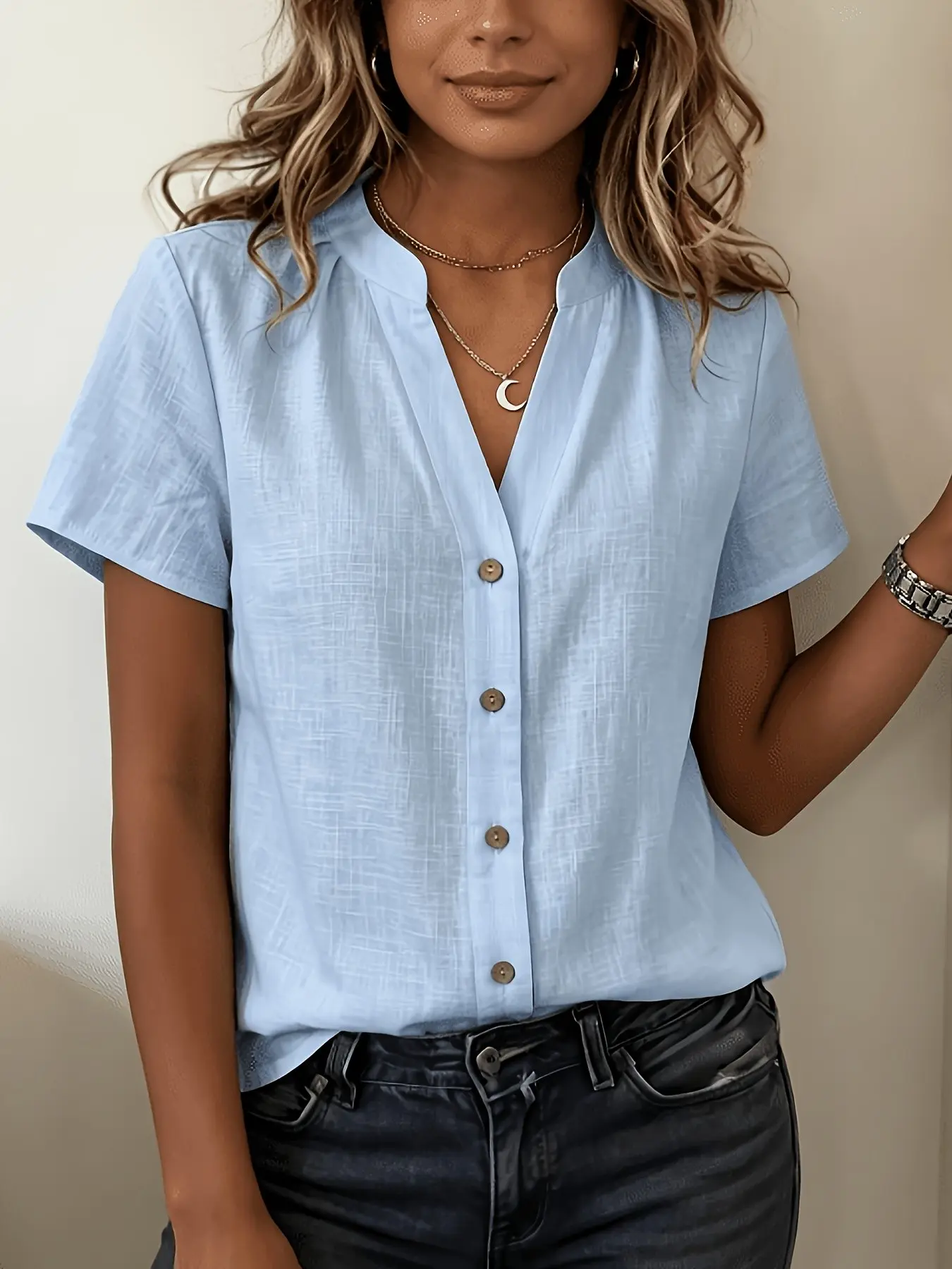 Women's Simple Elegance V-Neck Short Sleeve Shirt Blouses, Textured Half Open Front, Comfortable Loose Fit Casual, Ideal for Summer Vacation, Parties, Weddings