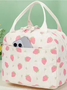 Strawberry Pattern Lunch Box Bag High Aesthetic Handheld Bento Pouch for Work, Zipper Carry Meal Bag, Portable Insulated Picnic Bag