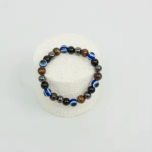 Triple Protection Evil Eye Bracelet – Black Obsidian Hematite Tiger Eye Beads – Stretch Elastic Wristband for Daily Wear – Calming Grounding Gift for Him Her