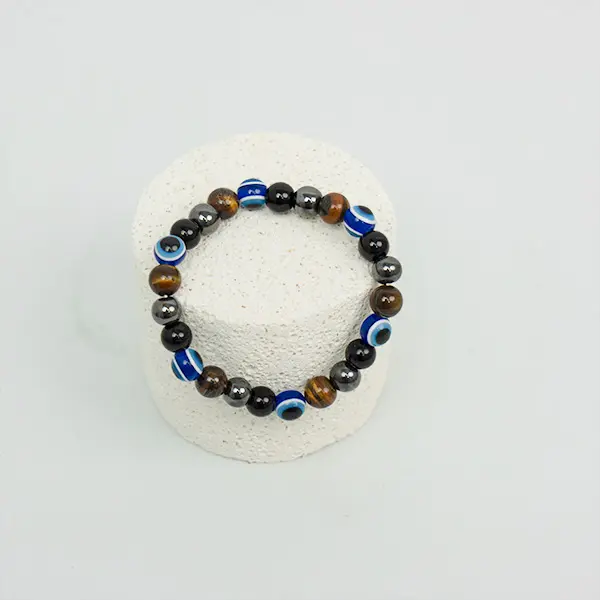 Triple Protection Beaded Jewelry with Evil Eye Beads, Black Obsidian, Hematite & Tiger Eye Natural Stones, Unisex Elastic Stretch Wristband for Grounding, Beaded Bracelets, Daily Wear