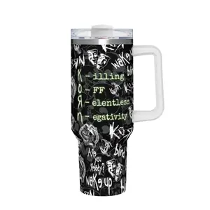 Grunge Gothic Metal Tumbler with Pale Green Voodoo Horror Mask and Distressed Band Lyric Seamless Print, Insulated Travel Mug with Anti-Slip Handle for Daily Commute and Rock Fans