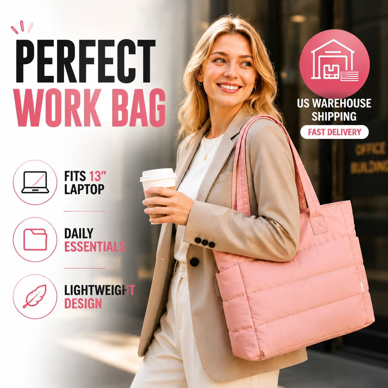 Bagstellar Puffer Tote Bag for Women with Makeup Bag, Large Work Laptop Bag,tote bag for college Lightweight Travel Bag with Zipper Gifts for Mom Wife Teacher Nurse Quilted Shoulder Handbag for School Gym