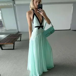 Semi-Sheer Mesh Halter Neck Sleeveless Maxi Dress Women's 2025 Fall New Contrast Color Slim Fit A-Line Ruffled Hem Dress to Beach Holiday Vacation Sun or Night Party Club Dating Outfit Dresses