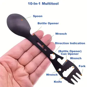 2-Piece Stainless Steel Multi-Functional Spoon Set, Portable Utensil Spoon, Camping Utensils, Can Opener, Toothed Knife, Wrench, Direction Indicator