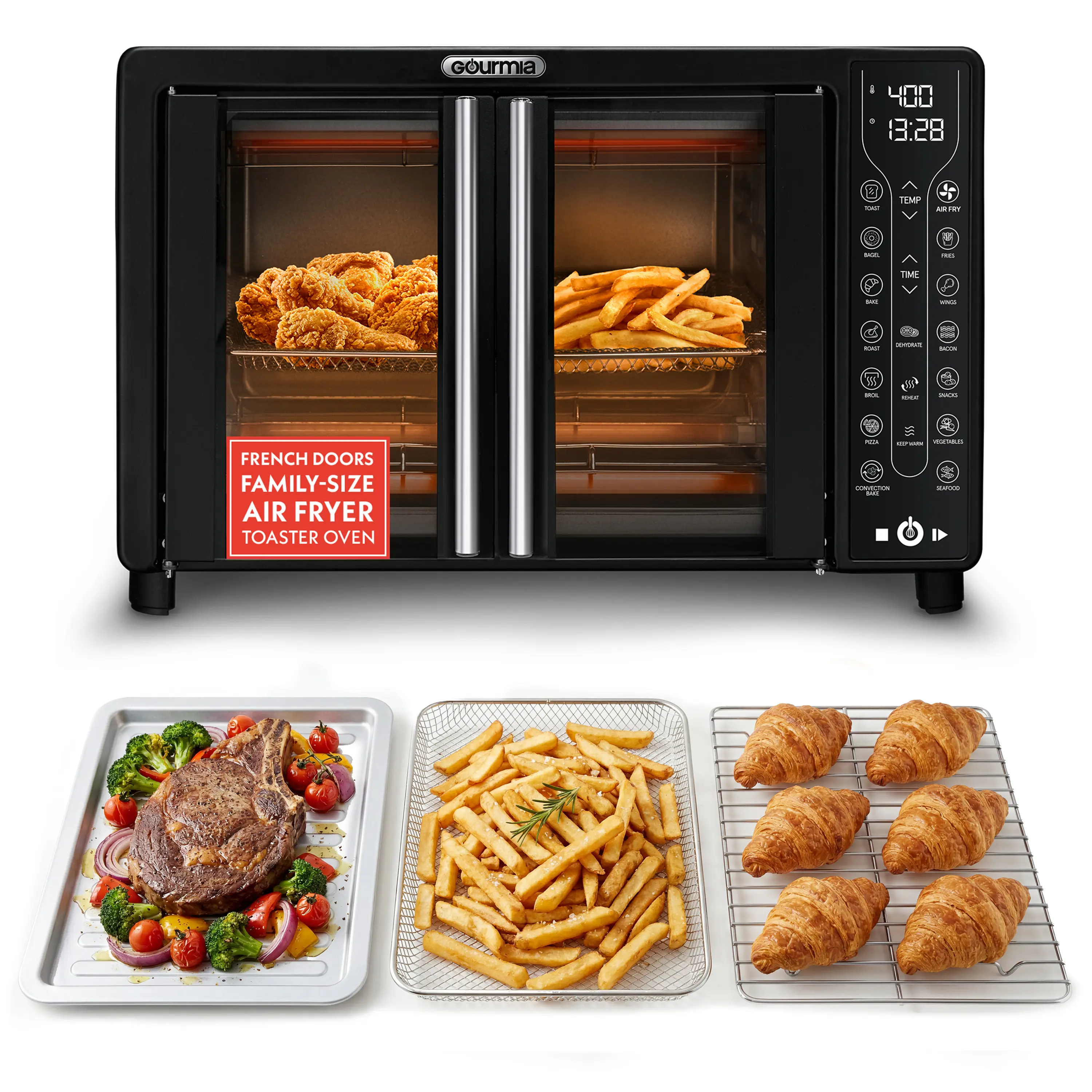 Gourmia 25 Qt Air Fryer French Door Oven with 17 Presets Digital Display FryForce 360° Technology and Convection Mode, Household Kitchen Appliance for Easy Family Cooking