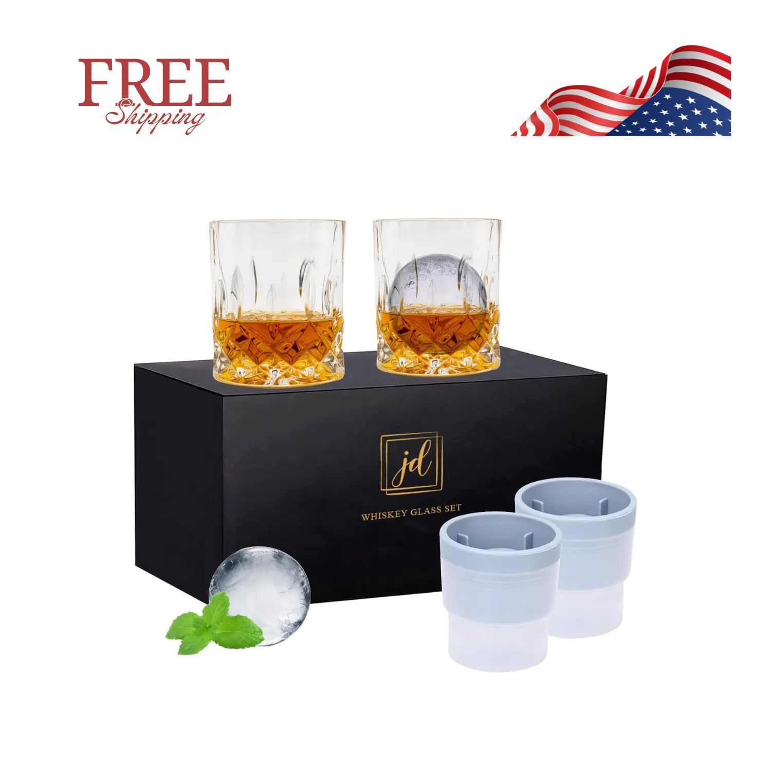 Whiskey Rocks Glass Set In Gift Box - Includes 2 Crystal Bourbon Glasses and 2 Big Ice Ball Molds - 10 Oz