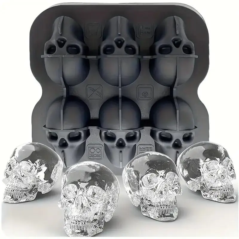 Skull Shaped Ice Cube Mold, 1 Count 6-cavity Silicone Ice Tray, Spooky Skeleton Ice Balls for Soft Drinks, Coffee, Soda, Kitchen & Restaurant Party Home Accessory, Ice Ball Trays