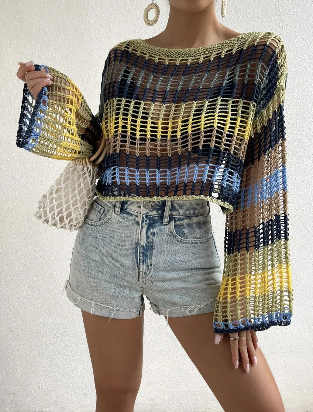 Women's Crochet Mesh Knit Sweater Color Block Sheer Beach Cover Up Long Sleeve Boho Pullover