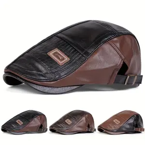 Men&Apos;S Casual Faux Leather News Cap - Adjustable Solid Color Beret Hat with Polyester Lining, Non-Stretch Woven Fabric, Warm with Polyester Fiber Fill, Suitable for Fall/Winter Travel And Parties