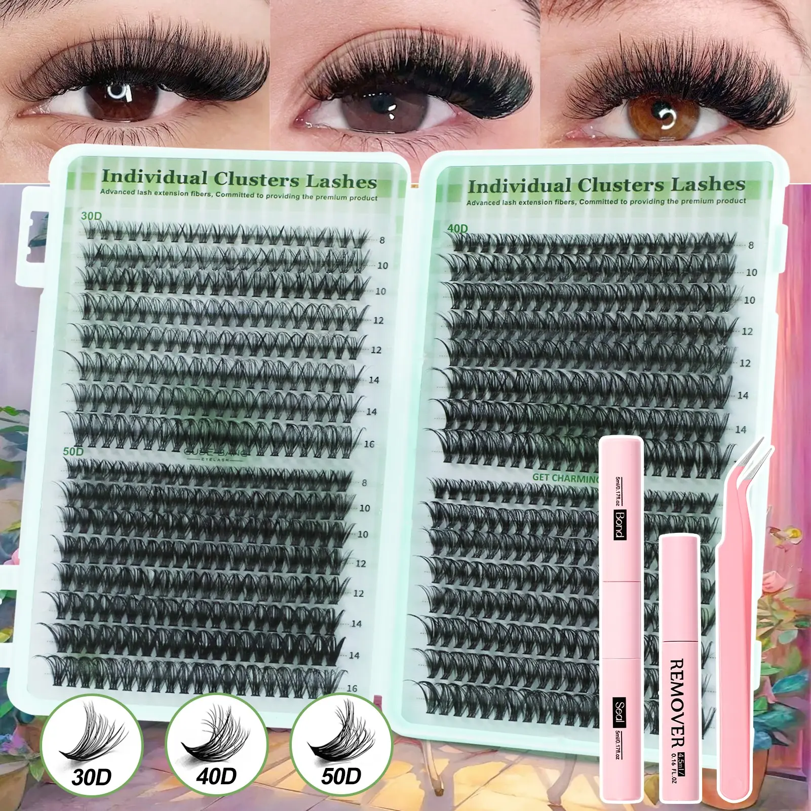 640pcs Fluffy D Curl False Lashes, Mixed Length, DIY Eyelash Cluster Extension Kit with Glue & Remover, Non-Toxic, Ideal for Daily Use, Gifts
