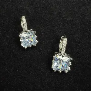 925 Sterling Silver Princess Cut CZ Drop Earrings Sparkling Square Bridal