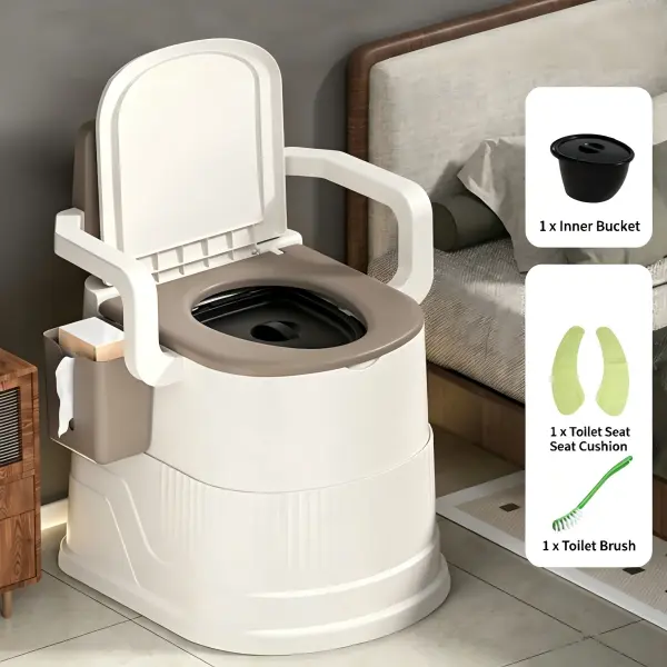 Portable Toilet, Household Commode Seat with Armrests & Lid, Built-in Tissue Holder, Detachable Inner Bucket, Easy Clean Portable Toilet for Bedroom, Camping, RV & Outdoor Travel