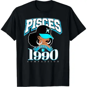 100%cotton Pisces Birthday 1990 Afro Zodiac Queen T-Shirt