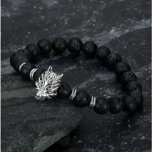 Lava Stone Asgard Wolf Head Bracelet - Unique Design with Natural Finish - Ideal for Wolf Fans and Collectors