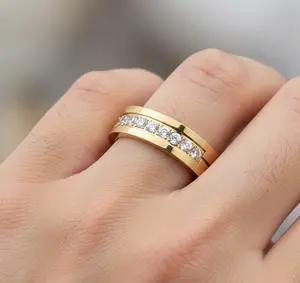 6mm Yellow Gold Titanium Ring, White CZ Inlay Wedding Ring, Men's Wedding Band, Women's Engagement Ring, Comfort Fit Promise Ring, CZ Titanium Woman's Titanium Band