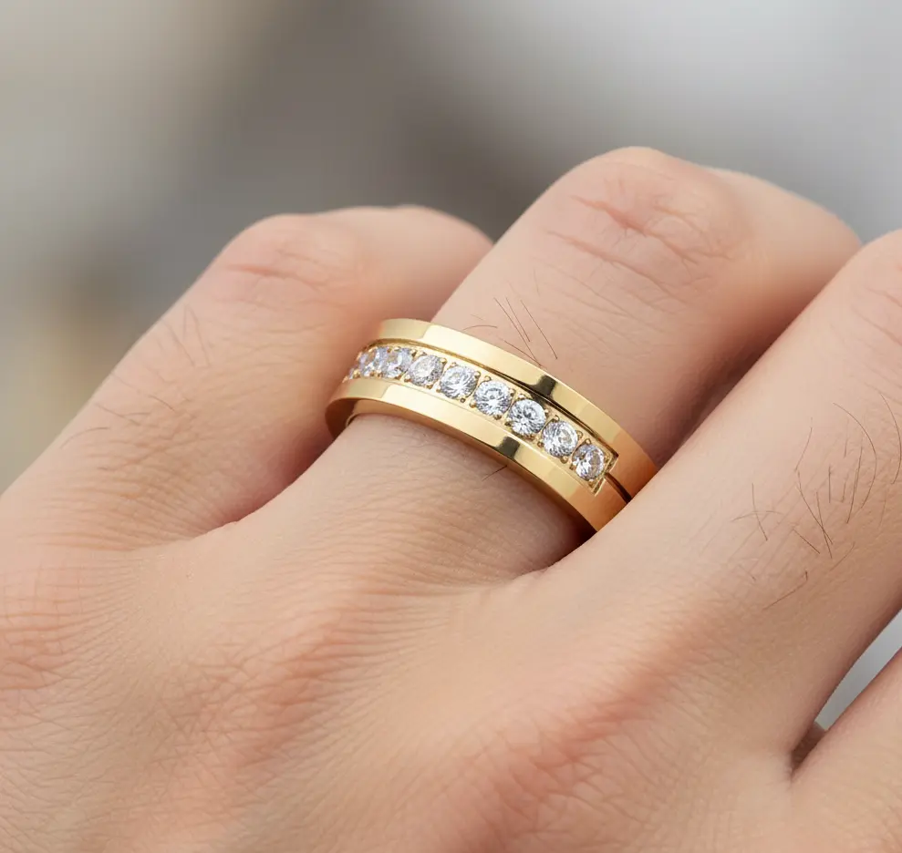 6mm Yellow Gold Titanium Ring, White CZ Inlay Wedding Ring, Men's Wedding Band, Women's Engagement Ring, Comfort Fit Promise Ring, CZ Titanium Woman's Titanium Band