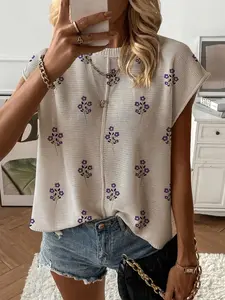 Summer Round Neck Short Sleeve Knit Top, Loose Fit Floral Print, Casual Elegant Commuter, Bikini Cover-Up, Women's Fashion