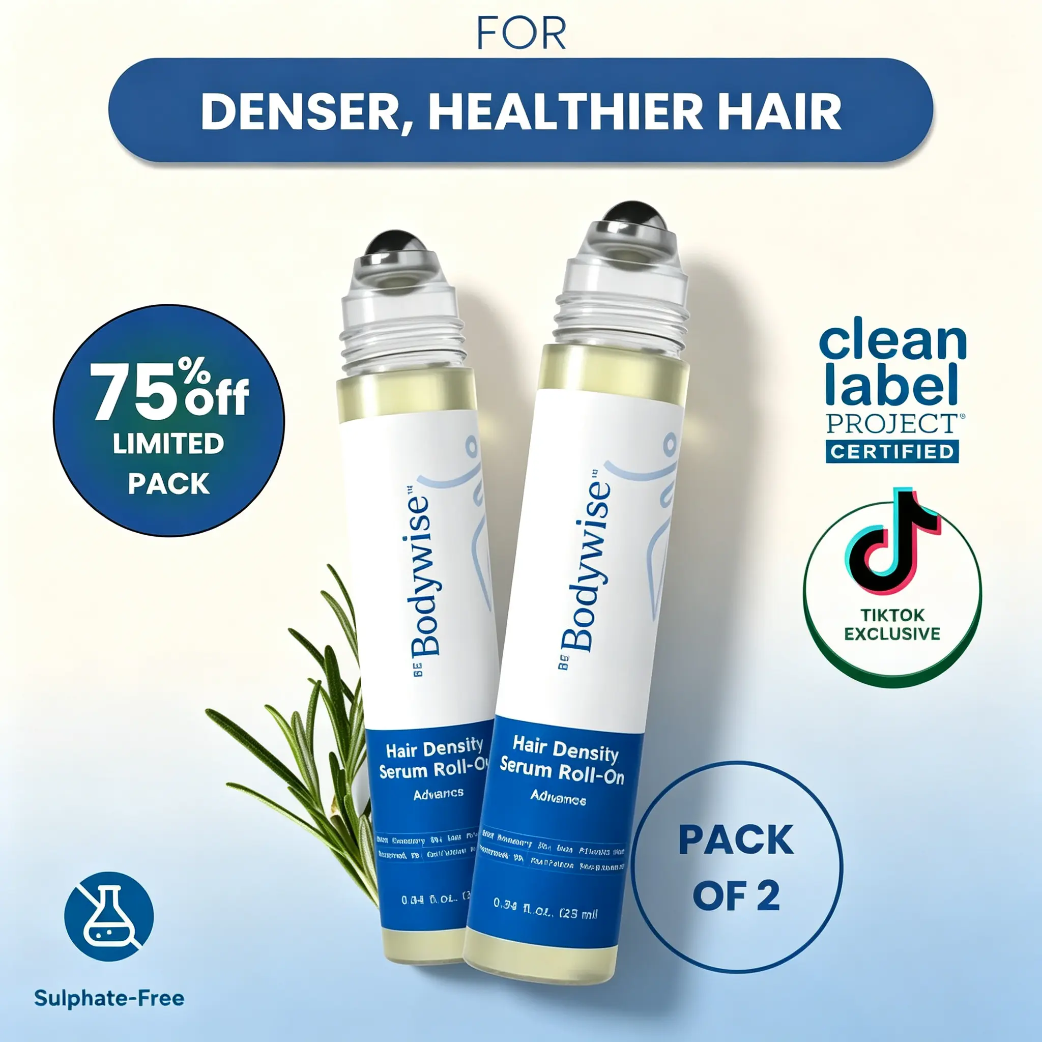Be Bodywise Hair Density Roll‑On Serum 2 Pack, 25ml Each, 5% Saw Palmetto, 3% Rosemary, 1% Caffeine Herbasome & 3% Fenugreek, Nourishing Scalp Serum for Fuller‑Looking Hair for Men & Women