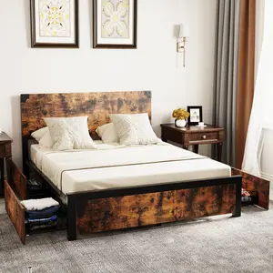 Queen or Full Size Bed Frame with 4 Spacious Storage Drawers – Vintage Rustic Wood and Metal Platform, Headboard, Noise-Free, No Box Spring Needed, Easy Assembly – Ideal for Kids and Teens
