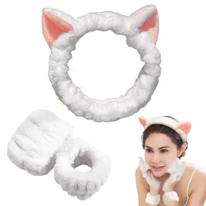 Cat Ear Headband and Wristband Set, Soft Elastic Hair Band for Women Girls, Bathing Makeup Spa, Halloween Sleepwear Party