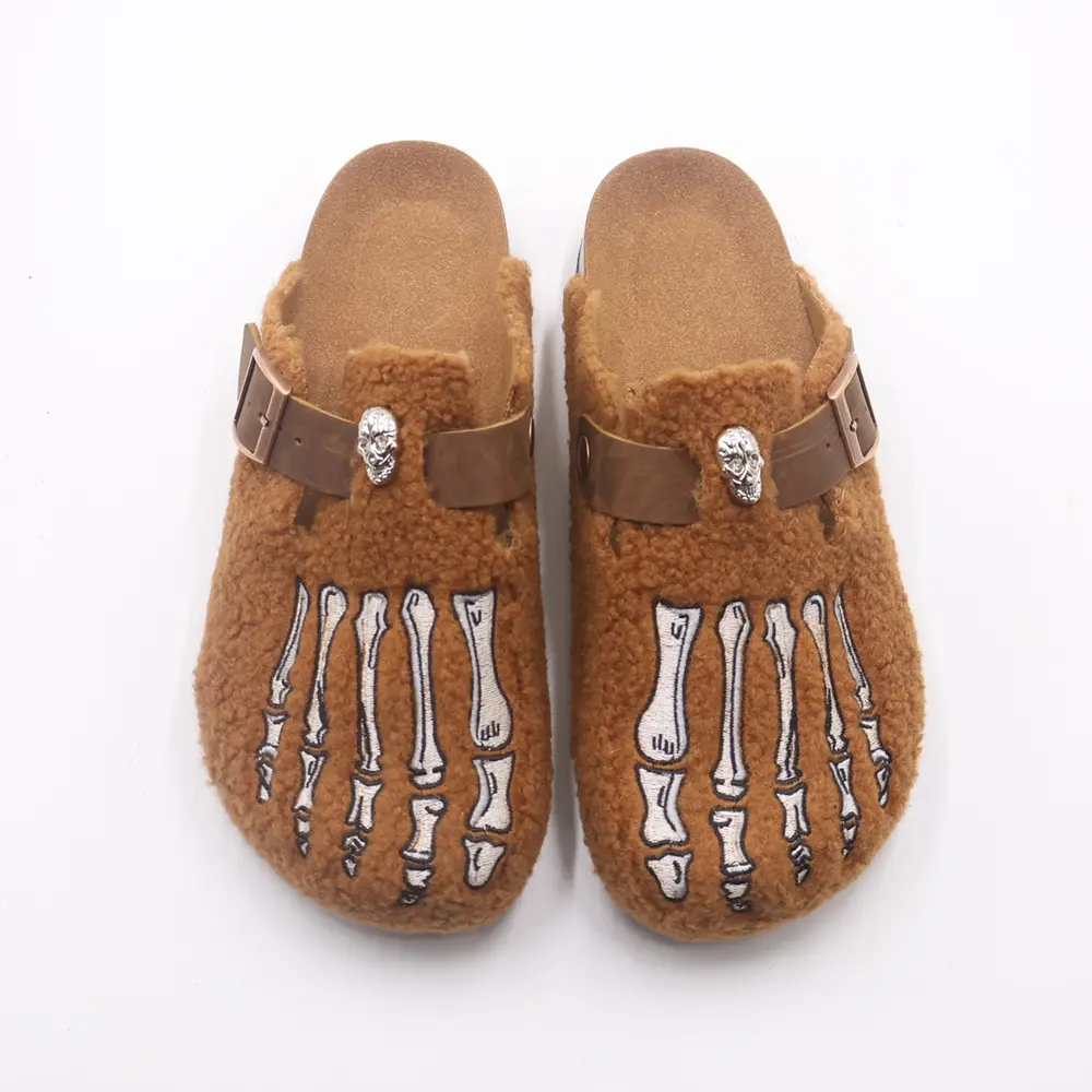 Gothic Skeleton Fleece Clogs Y2K Fuzzy Mule Slippers Adjustable Buckle Slip-On Shoes    casual   men's mules