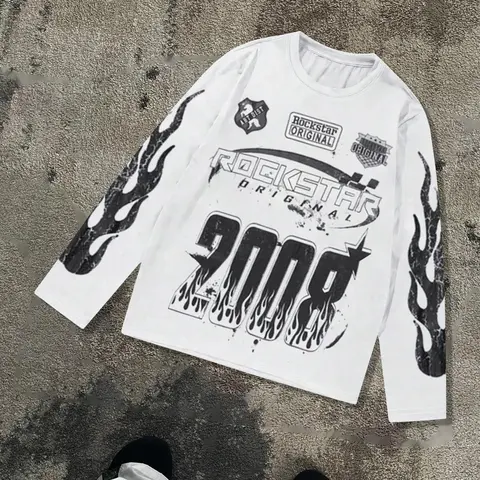 Unisex's Fire & Letter Print Long Sleeve Graphic Tee, Casual Fit Streetwear, Street Fashion Casual Round Neck T-shirt for Daily Wear, Unisex Top for Spring, Casual Streetwear Top