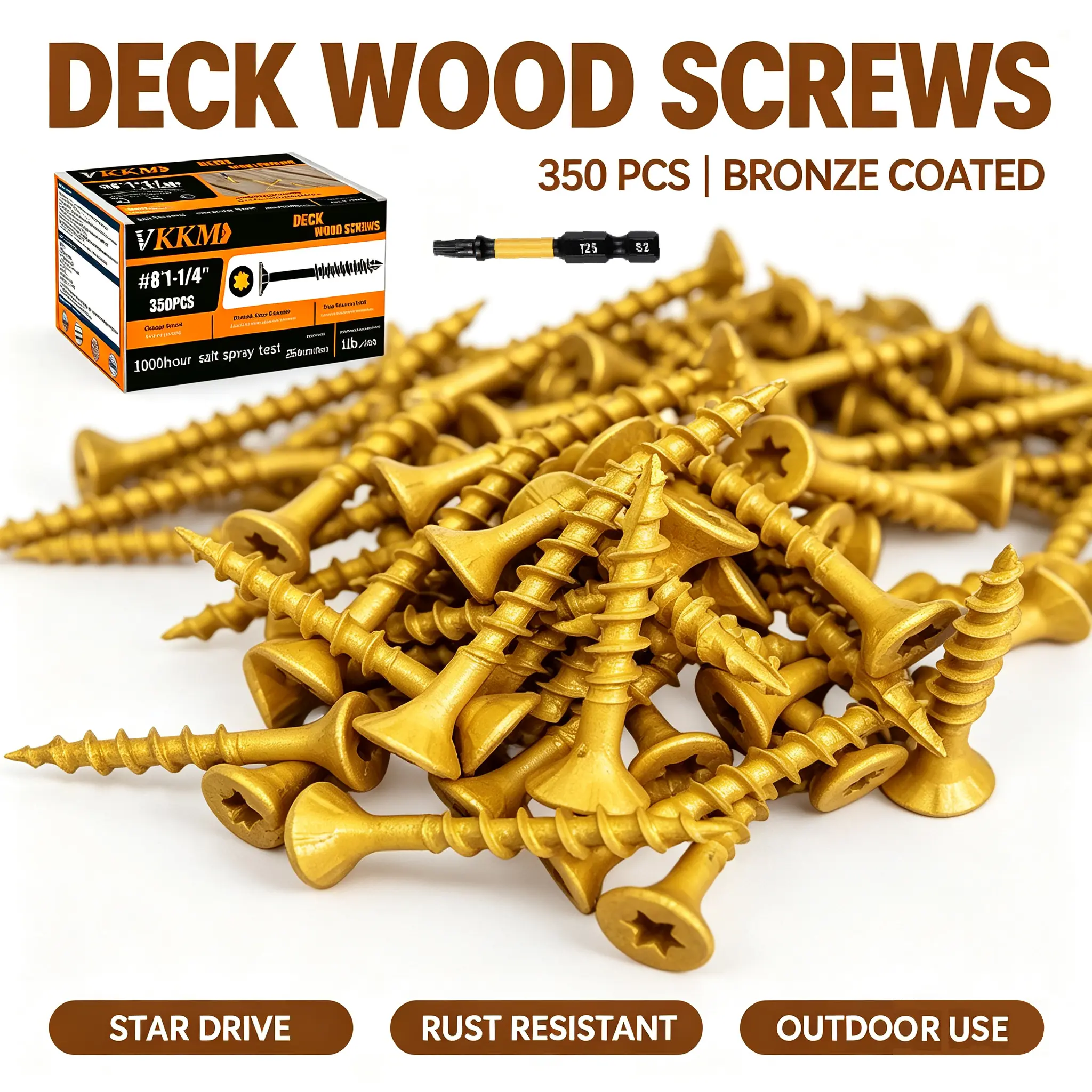 VKKM 350PCS #8 x 1-1/4" Bronze Coated T25 Torx Star Drive Deck Wood Screws, 1000H Salt Spray Anti-Rust Exterior Self Tapping Fasteners, Suitable for Fences, Decking & Outdoor Woodworking Projects