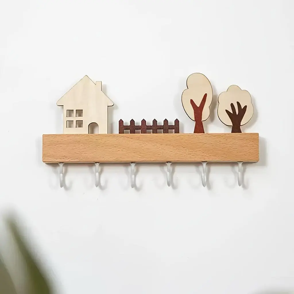 Engravable Personalized Name/Text Wood Color Wall-Mounted Key Holder with White Hooks, No-Drill Installation, Waterproof Wood Shelves, Key & Accessory Organizer for Entryway & Home Decor, Wood Color + White Hook