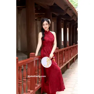 Red/Burgundy Sleeveless Lace Pre made ao dai flowers patterns| Marigold