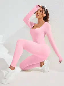 Women's Solid Long Sleeve Square Neck, Casual Comfy Breathable Jumpsuit for Yoga Gym Workout, Ladies Sportswear for All Seasons, Sportswear Jumpsuits
