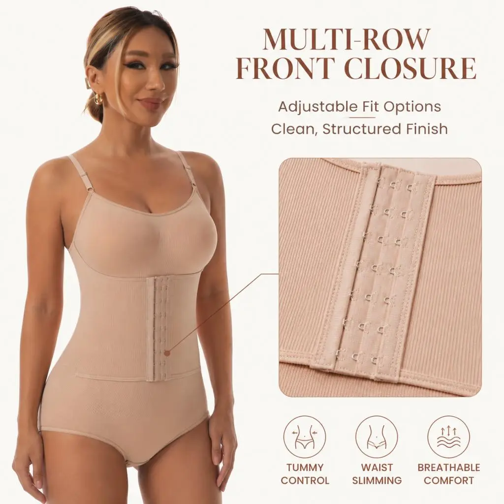 Women's Ribbed Minimalist Essential Halter Neck Shapewear Bodysuit - Front Hook Closure, Tummy Control, Adjustable Straps, Basic Style for Everyday Wear, Activewear