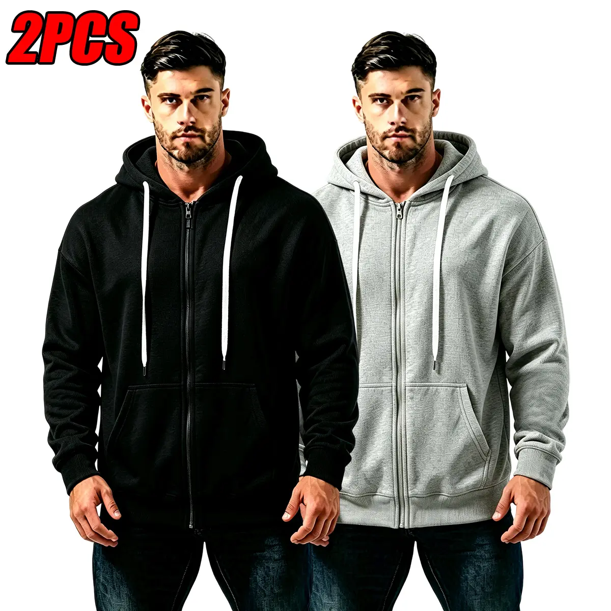 JOGWAVE 2PCS Men’s Full-Zip Hooded Sweatshirt Jacket, regular fit full-zip hooded sweatshirt, kangaroo pocket, soft, skin-friendly drawstring hood jacket, classic casual outerwear, suitable for everyday streetwear and travel in autumn and winter