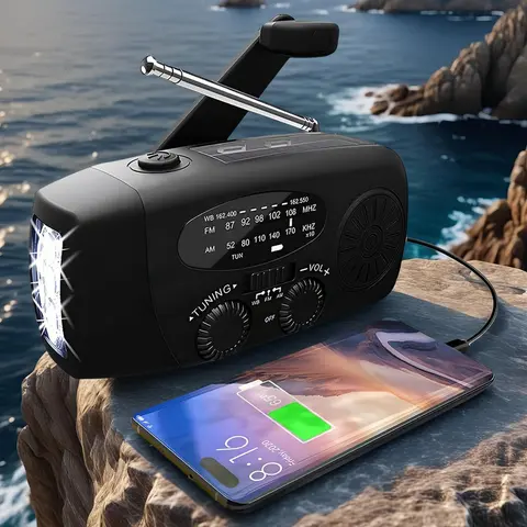 Hand Crank Solar Powered Portable Radio, USB Rechargeable FM/AM/WB/NOAA Weather Radio with LED Flashlight, Multifunctional Handheld Radio for Outdoor Camping Hiking, Radio Player, Mini Portable, Rechargeable Emergency Radio, Audio, Portable Survival Radio