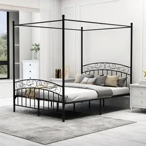 Canopy Bed Frame Four-Poster Metal Platform With Headboard And Footboard Sturdy Heavy Duty Steel Slat Support