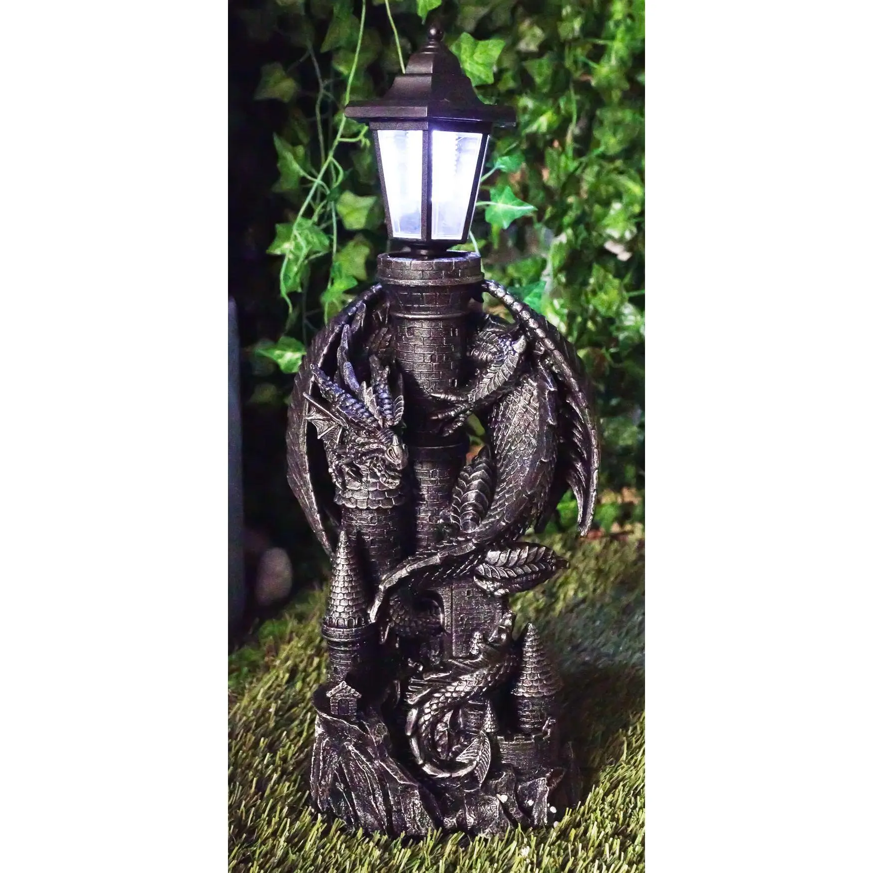 Ebros Mystical Rocky Top Castle Dungeon Guardian Dragon Solar LED Light Lantern Statue