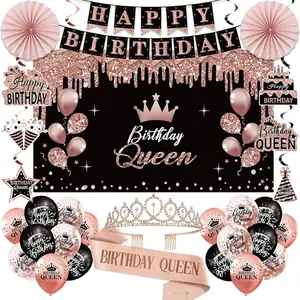 Birthday Decorations for Women, a Set of 33pcs-Birthday Queen Crown and Sash, Black Rose Gold Happy Birthday Banner, Balloons, Backdrop Hanging Swirls, Paper Fans - Birthday Party Decorations Kit Gifts for Her
