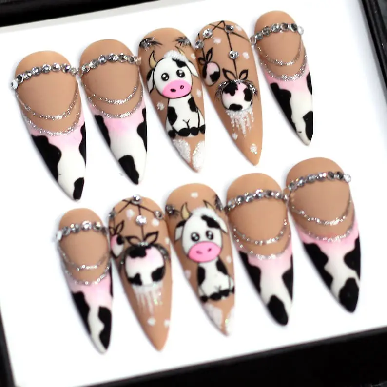 Cow Print Press On Nails | Cute Cow Nail Art | Farmcore Kawaii Nails | Handmade Fake Nails | Pink Western Nail