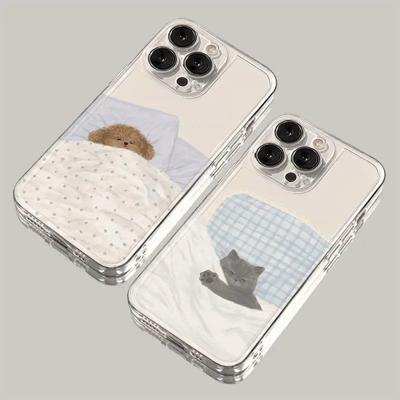 Phone Case for IP 17/16/15/14/13/12/11 Series (Pro, Pro Max & Standard) & Galaxy S21/S22/S23/S24/S25 - Kawaii Cute Cartoon Dog & Cat Couple Design, Shockproof Drop & Scratch Protection, Flexible Soft TPU Cover