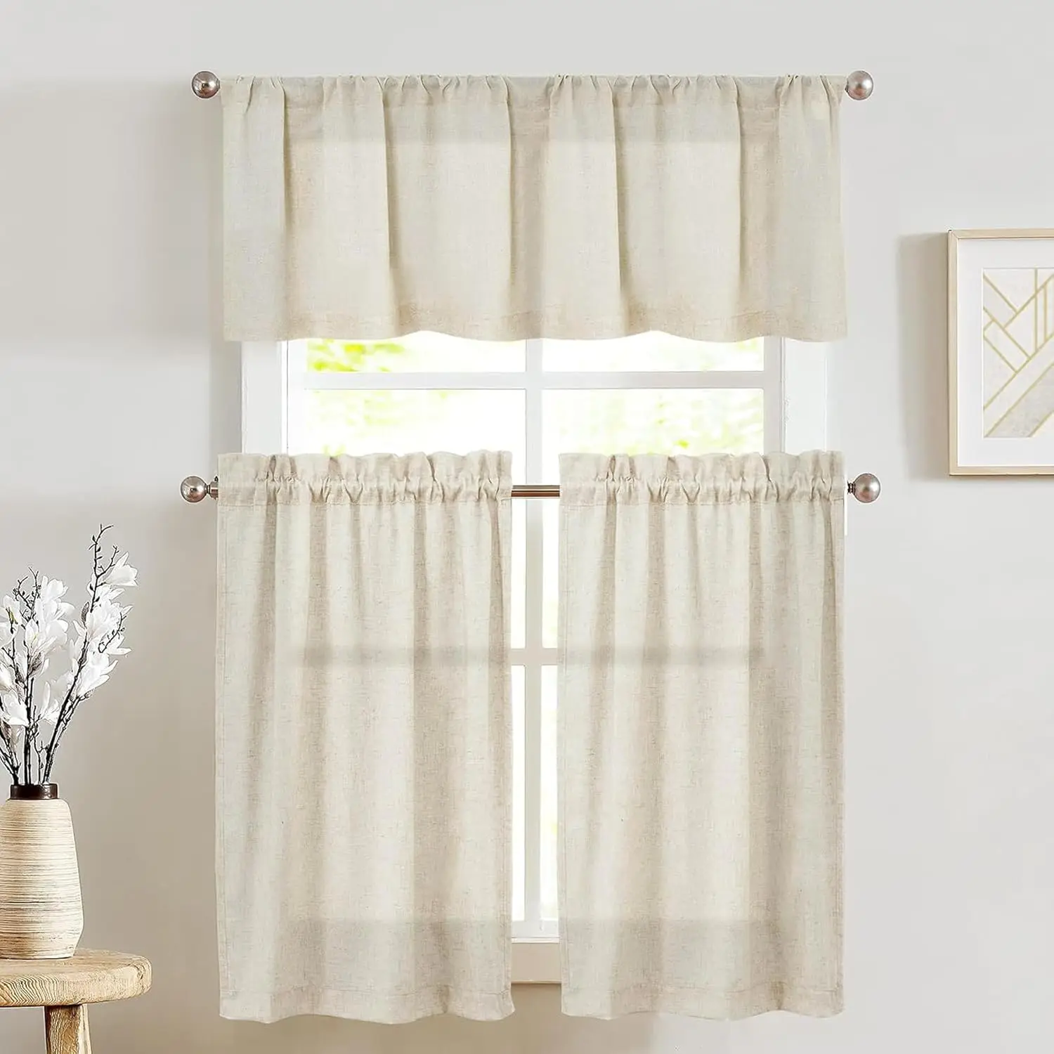 Low Iron Beige Linen Flat Weave Classic Floral 3-Piece Kitchen Curtain & Valance Set - 24-in Rod Pocket Tier Drapes, Non-Customised, 0-1m, Durable, Machine Washable for Rustic Farmhouse Kitchen/Cafe Decor