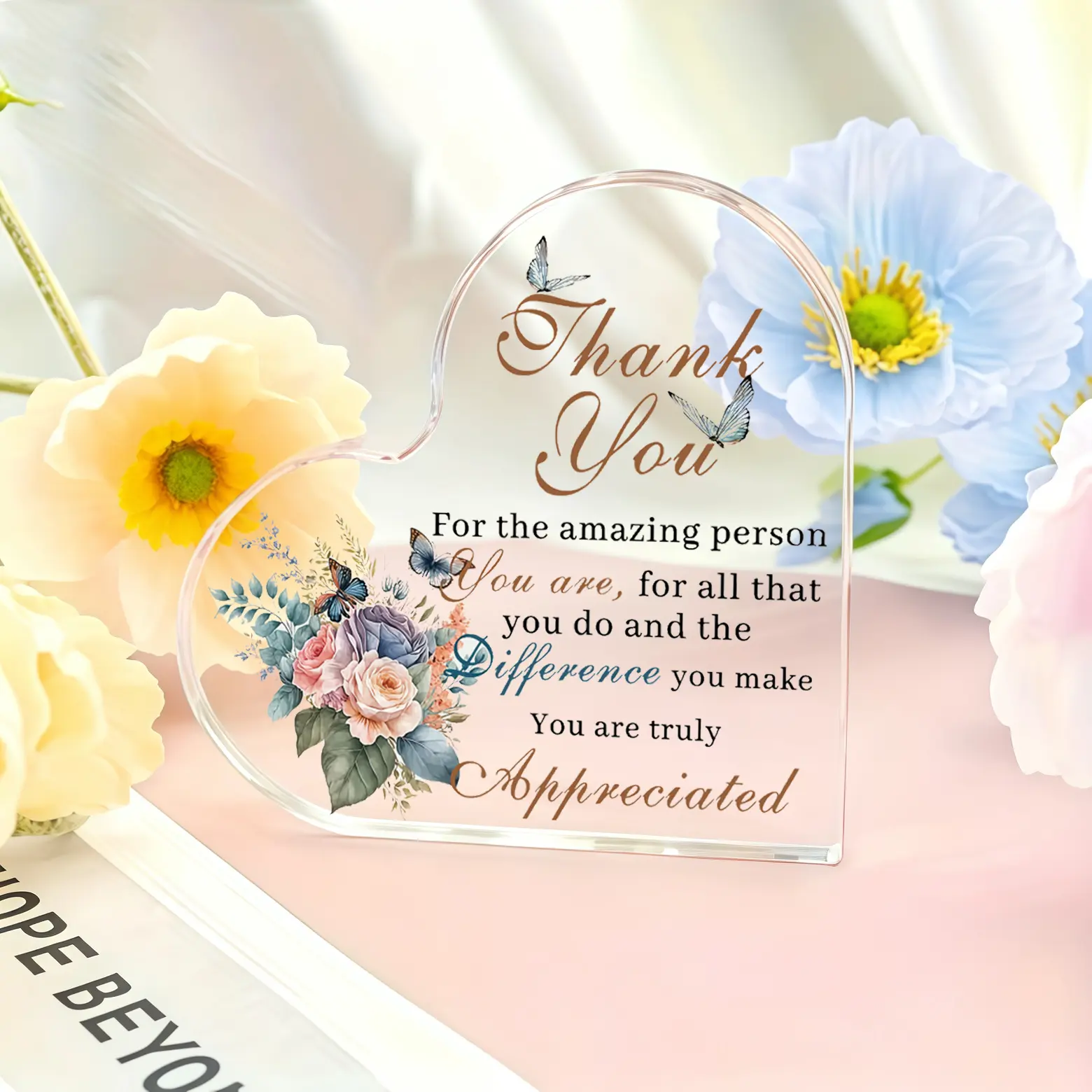 Heart Shaped Acrylic Thank You Desk Plaque, Floral Butterfly Appreciation Sign Gift for Coworker Teacher Nurse, Desktop Decor for Thanksgiving, Teacher’s Day, Christmas