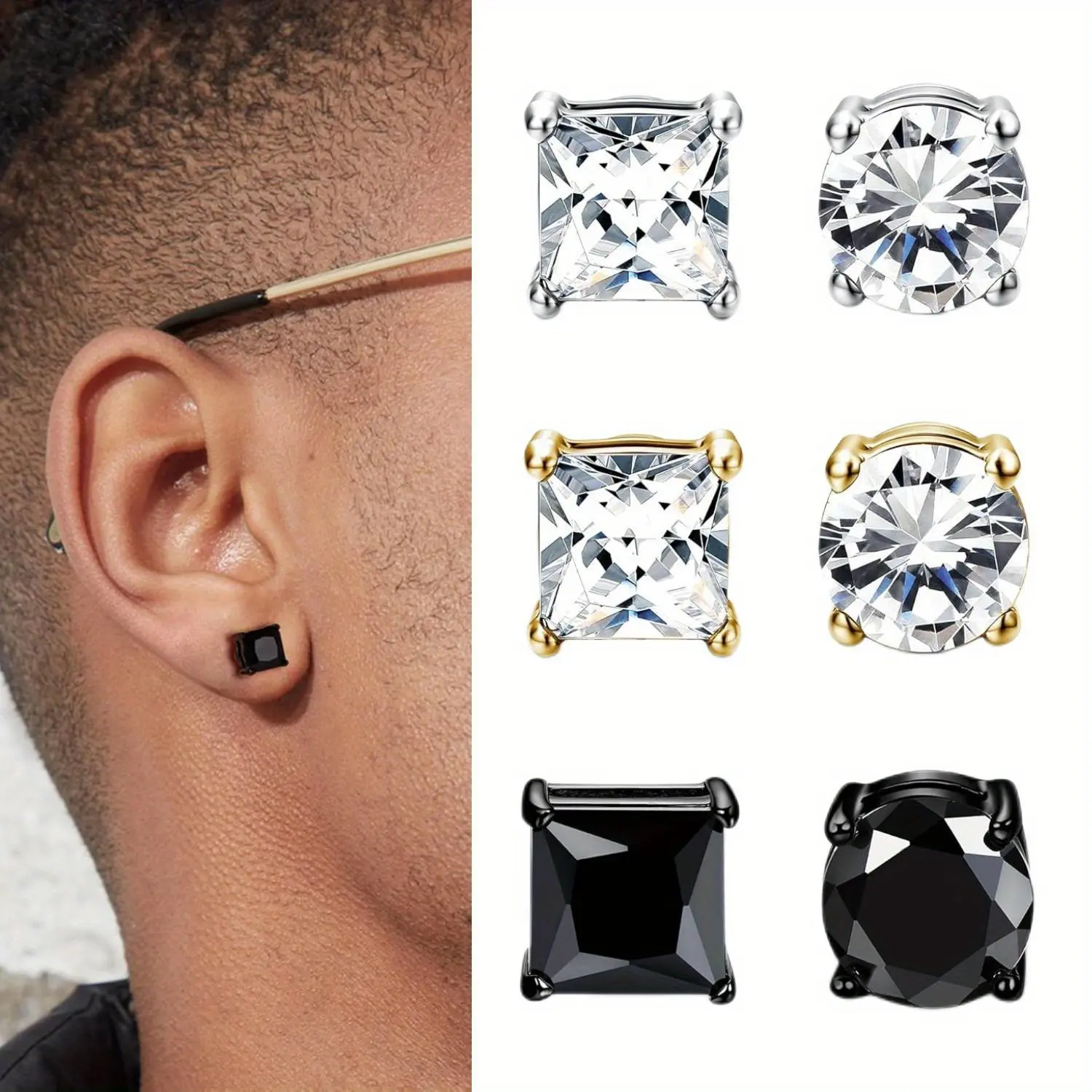 6 Pairs 6MM Magnetic Stud Earrings for Men Women Stainless Steel CZ Unisex Magnet Earrings Set Hypoallergenic Non-Piercing Clip On Earrings Fake Earrings Jewelry