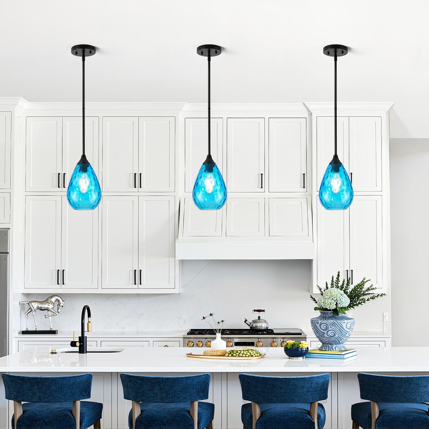 Glass Pendant Lights Kitchen Island, 1-Light Modern Black Fixtures with Blue Hammered Glass & Rods Small Hanging Light for Kitchen Sink Dining Room Bathroom