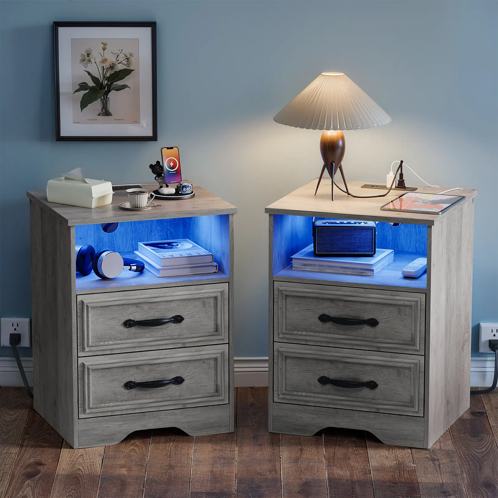 LGHM Set of 2 Farmhouse Nightstands with Charging Station & LED Lights, 2 Drawer Bedside Tables with USB Ports, Modern End Tables for Bedroom & Living Room, Gray