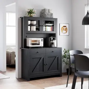 Garvee Kitchen Pantry Cabinet with Microwave Stand, Freestanding Hutch Cabinet with Buffet Cupboard, Tall Kitchen Cabinets with Adjustable Shelves for Dining Room, Black