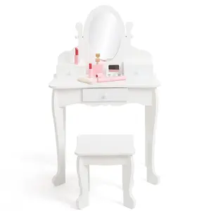 Kids Vanity Set with Adjustable Angle Mirror – Pretend Play Girls Vanity Table and Chair Set, Includes Mirror, Stool, and Wood Makeup Playset.